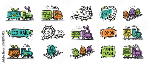 Set of hand-drawn doodle icons featuring eco-friendly trains, Easter eggs on railways, and speech bubbles for green travel and sustainable transportation concepts