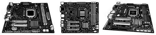 Highly detailed computer motherboard sketches showing complex electronic circuits and hardware parts