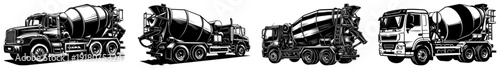 Multiple concrete mixer truck illustrations in detailed woodcut and linocut style