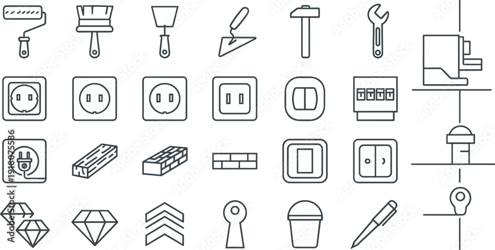 Fototapeta premium Construction tools electrical outlets and building materials outline icon set vector collection isolated on white background