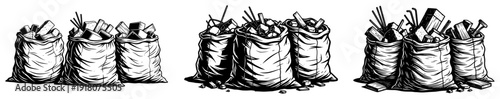 Detailed sketches of heavy construction sacks filled with debris and rubble for building site scenes