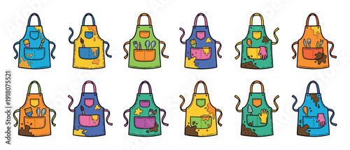 Twelve colorful cartoon aprons for creative activities, each with pockets holding tools for art, gardening, or cooking, and splattered with paint and mud in a doodle style