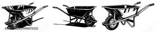 Professional illustrations of industrial construction wheelbarrows in various angles with detailed lighting and shadows