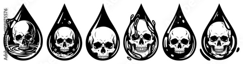 Set of human skulls inside liquid droplets in vintage woodcut style