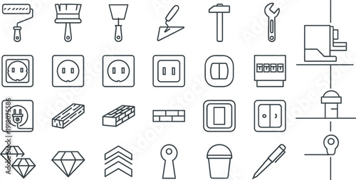 Construction tools electrical outlets and building materials outline icon set vector collection isolated on white background