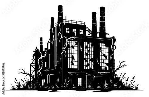 Abandoned old industrial factory building with chimneys and broken windows in black and white woodcut style