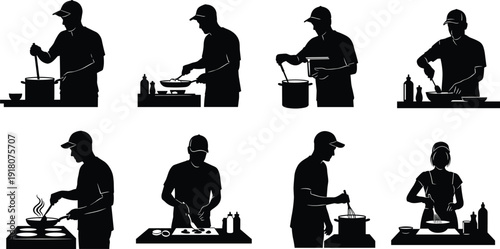 Cooking people silhouettes collection featuring chefs preparing food in kitchen scenes, culinary activity black vector illustration set isolated on white background