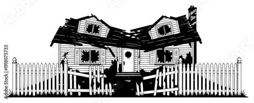 Ruined abandoned house with broken roof and picket fence in woodcut illustration style