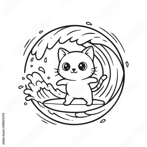 Cute Cartoon Cat Surfing on an Ocean Wave Coloring Page Illustration
