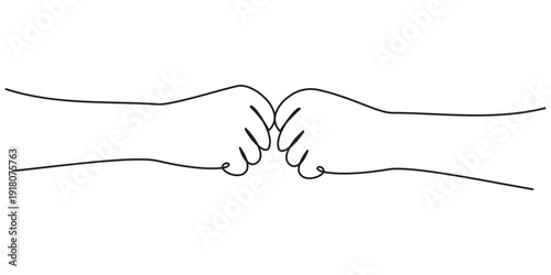 Dynamic continuous line drawing of two hands meeting in a powerful fist bump gesture, symbolizing teamwork, partnership, and successful collaboration, ideal for business and sports concepts.