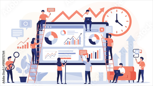 Hybrid workforce illustration with remote employees and flexible job roles, featuring tiny characters on a transparent background. Concept highlights outsourcing, online collaboration