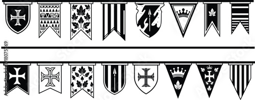 Medieval heraldic banners collection featuring royal crests, crosses, crowns, and ornamental flags in black vector silhouette style isolated on white background