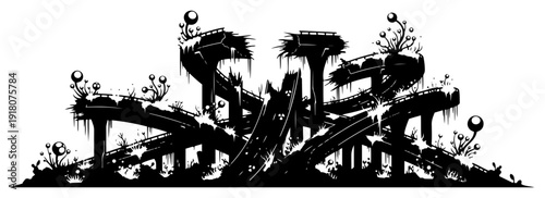 Silhouette of destroyed highway ruins overgrown with strange plants in a post-apocalyptic landscape