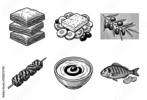 Mediterranean food collection featuring hand drawn woodcut style illustrations of greek salad baklava hummus olives grilled fish and souvlaki on white background