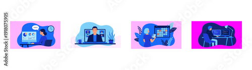 Flat Vector Remote Work and Digital Productivity Graphic Set for Corporate Software Development