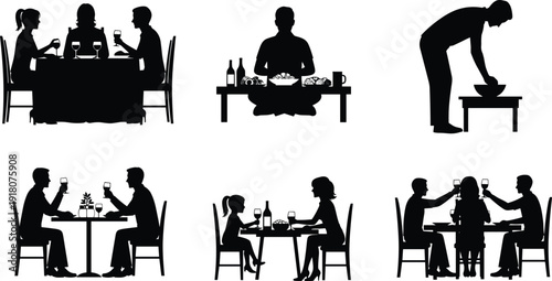 People dining and family dinner silhouettes collection featuring restaurant meals, conversation, and home eating scenes in black vector set isolated on white background