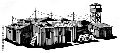 Military camp or prison facility with corrugated huts and watchtower in woodcut style