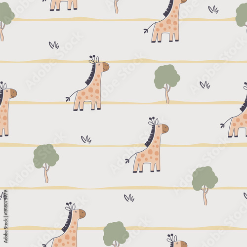 Photography Seamless pattern featuring cute hand-drawn giraffes and trees on a striped background