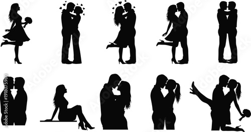 Romantic couple silhouettes collection featuring kissing lovers, dating poses, and love relationship scenes in black vector illustration set isolated on white background