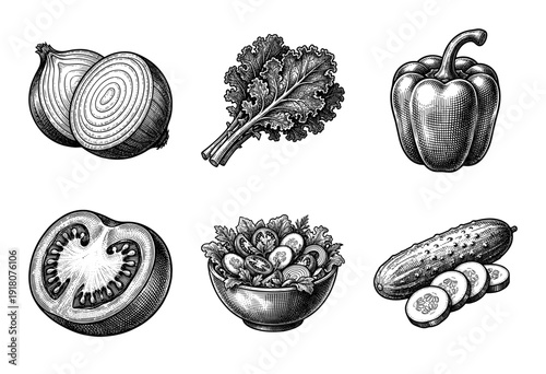 Set of hand drawn vegetable illustrations including onion kale bell pepper tomato cucumber and salad bowl in vintage engraving style