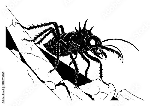 Giant mutant insect creature crawling on rocky terrain in black and white woodcut style