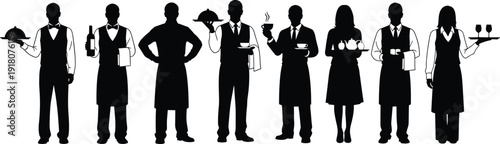 Waiter and waitress silhouettes collection featuring restaurant service staff holding trays, drinks, and food in black vector set isolated on white background