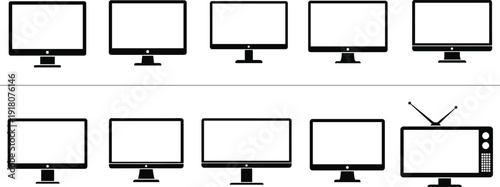 Computer monitor icons set, black screen silhouette, flat display vector, television antenna symbol, desktop hardware collection, minimalist tech screen, digital.