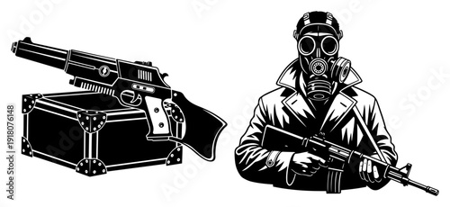 Post apocalyptic survivalist wearing a gas mask holding a rifle next to weapons and supply crate