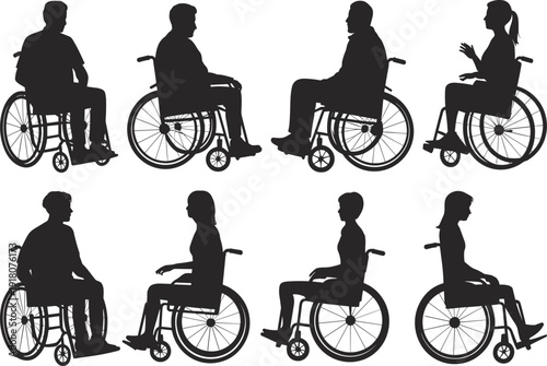 Wheelchair user silhouettes set, disabled men women profiles, accessibility mobility concept, rehabilitation healthcare diversity illustration isolated on white background vector