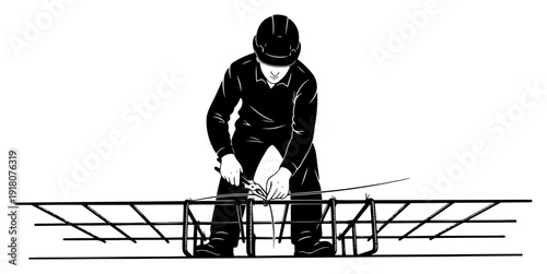 Construction worker in hard hat working on steel rebar mesh reinforcement