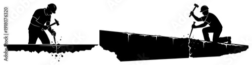 Construction worker silhouettes performing manual labor with hammers breaking concrete and stone