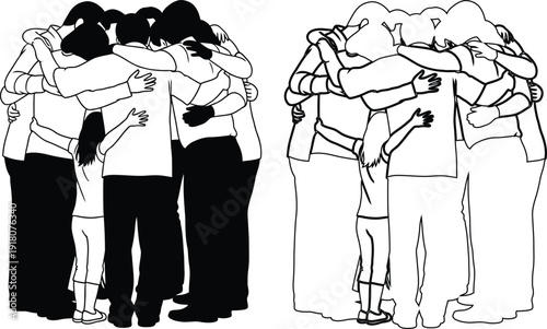Group hugs depicting unity and support in contrasting styles of body language