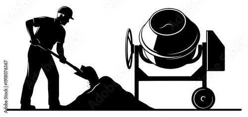 Construction worker using shovel to load material into industrial concrete cement mixer machine