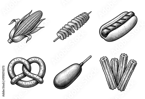 Vintage woodcut style collection of popular street food snacks and fairground treats including corn dog and pretzel illustrations.