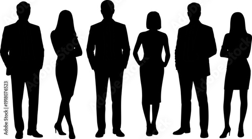 Business team silhouette, professional men and women standing together, corporate group concept, leadership teamwork success, isolated black figures on white background