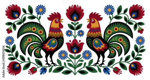 Two colorful roosters facing each other with vibrant flowers in traditional Polish folk art style