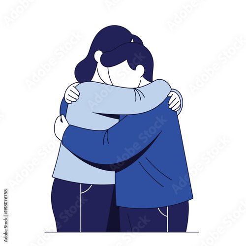 Two people embracing in a supportive hug on plain background  