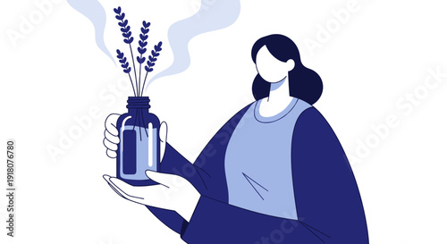 Woman holding aromatic bottle with lavender in abstract style  