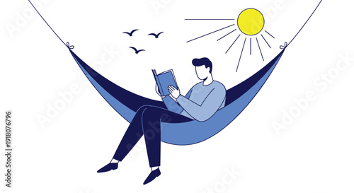 Young man relaxing in a hammock while reading a book in sunlight  