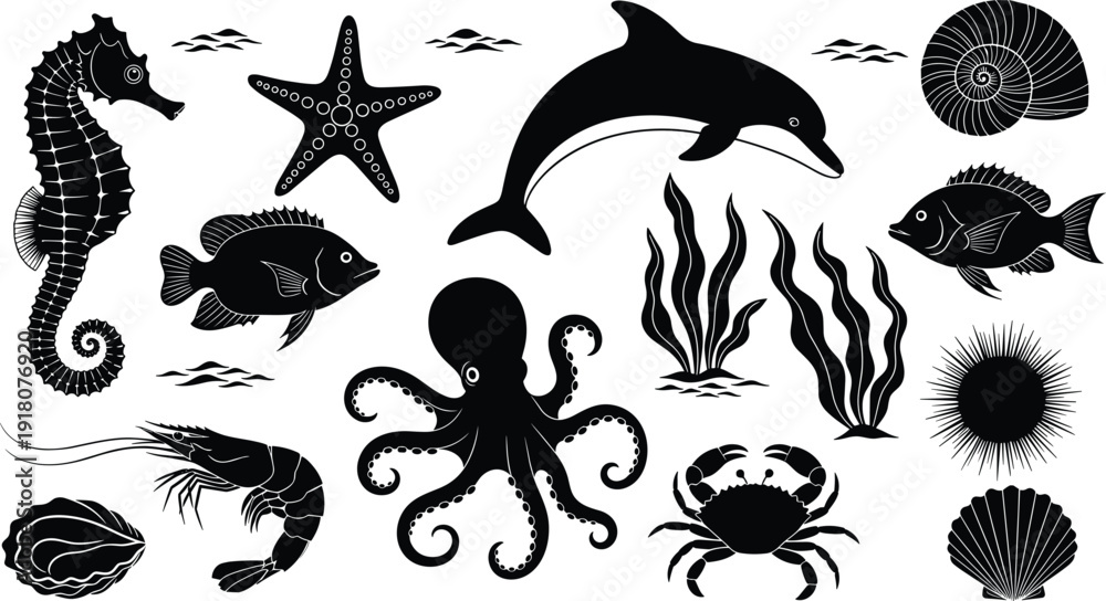 Fototapeta premium PrintMarine Life Silhouette Vector Set Featuring Dolphin, Octopus, Seahorse, Crab, Fish, Starfish, Shells and Seaweed Isolated on White Background