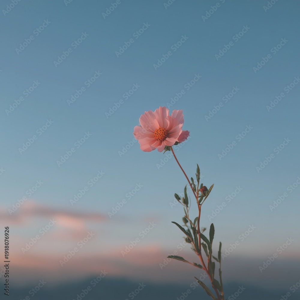 Fototapeta premium Delicate pink cosmos flower blooms against a serene blue sky with soft clouds