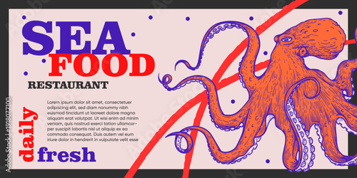 Seafood restaurant banner design template with hand drawn sketch style octopus. Vibrant modern colors. Vector illustration.