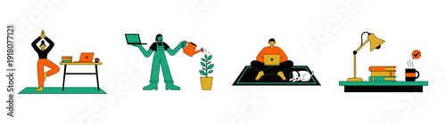 Flat Vector Remote Work and Wellness Graphic Set for Modern Lifestyle Branding