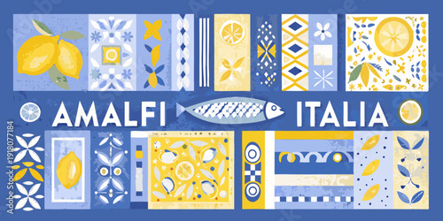 Amalfi Italy inspired tile pattern with lemons fish and floral motifs
