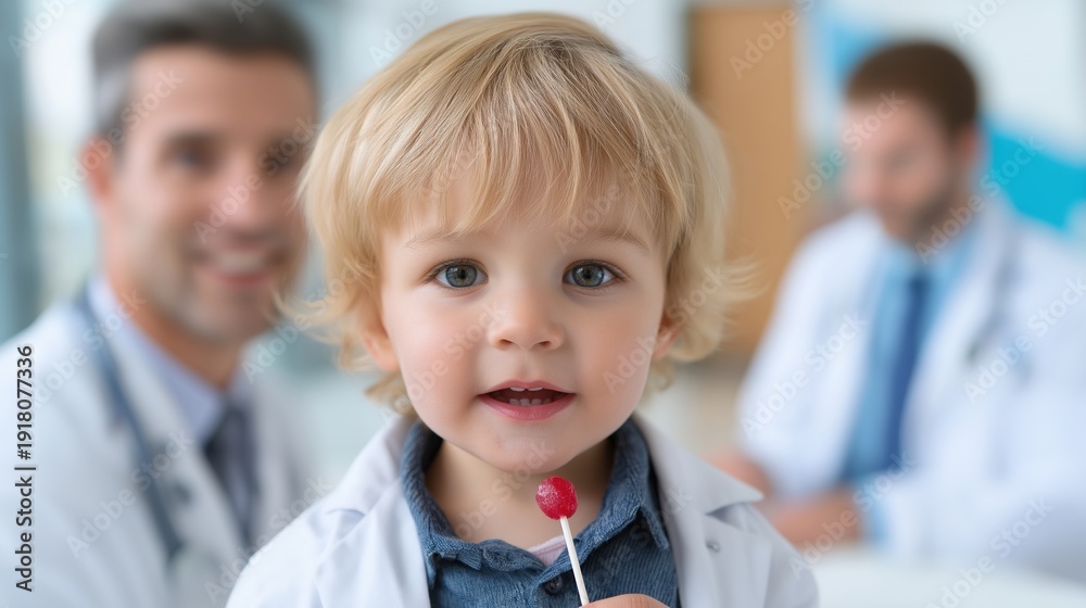 Fototapeta premium Blonde caucasian toddler with lollipop at pediatric checkup with doctors