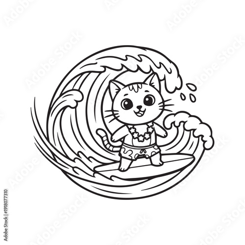 Cute Cartoon Cat Surfing on an Ocean Wave Coloring Page Illustration
