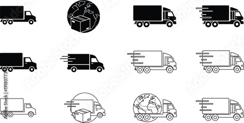 Delivery and logistics icon set, fast shipping symbols, courier service graphics, global freight transport illustrations, express package distribution silhouettes