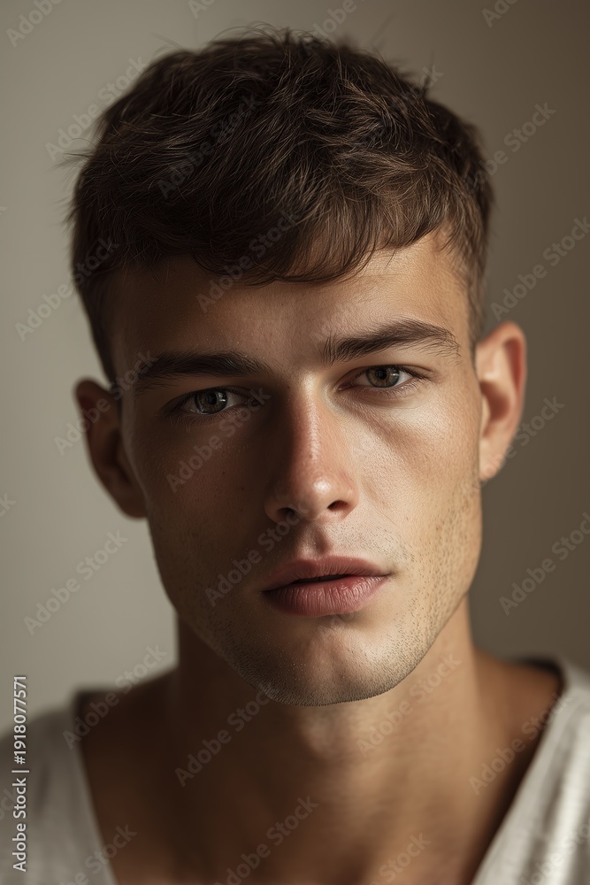 Obraz premium Close-up portrait of a young man with short hair and a beard, looking directly at the camera