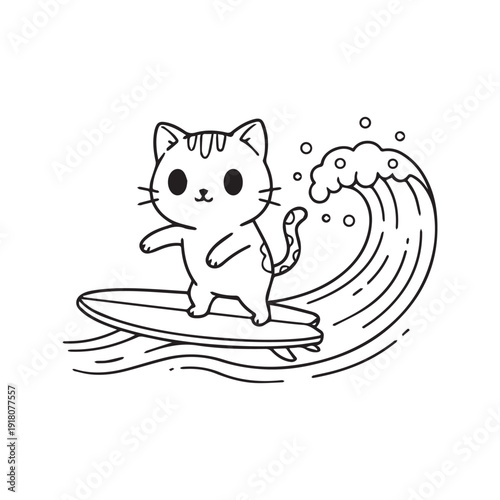 Cute Cartoon Cat Surfing on an Ocean Wave Coloring Page Illustration
