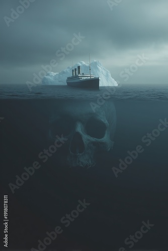 Titanic ship sailing towards iceberg with a skull lurking beneath the ocean surface